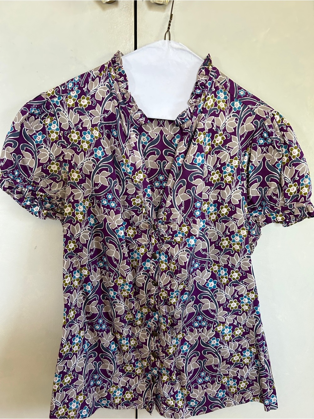Banana Republic Purple Floral Ruffle-Front Blouse